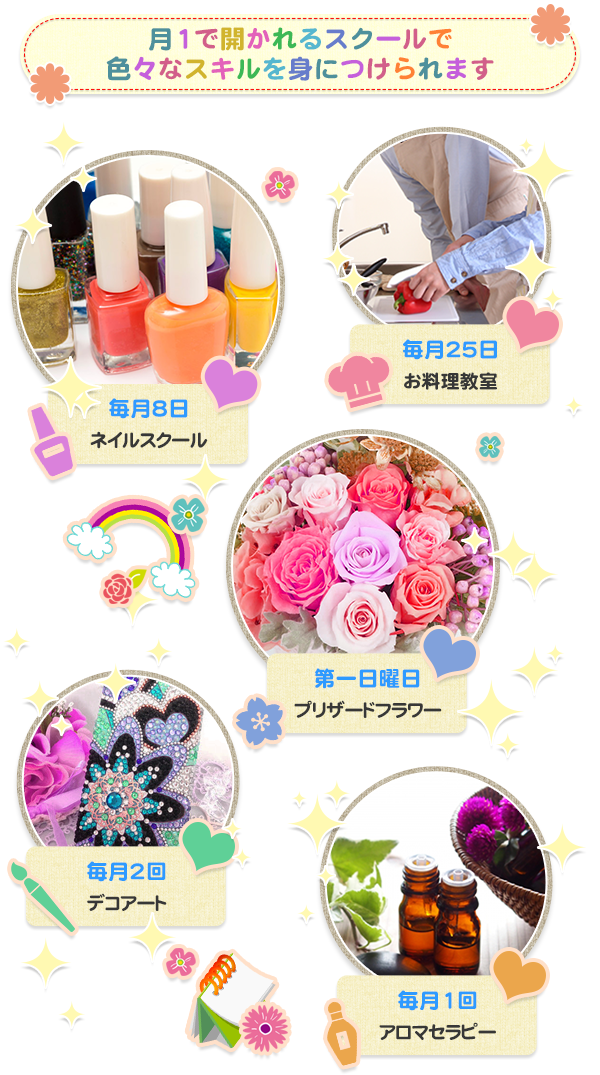 月1で開かれるスクールで色々なスキルを身につけられます